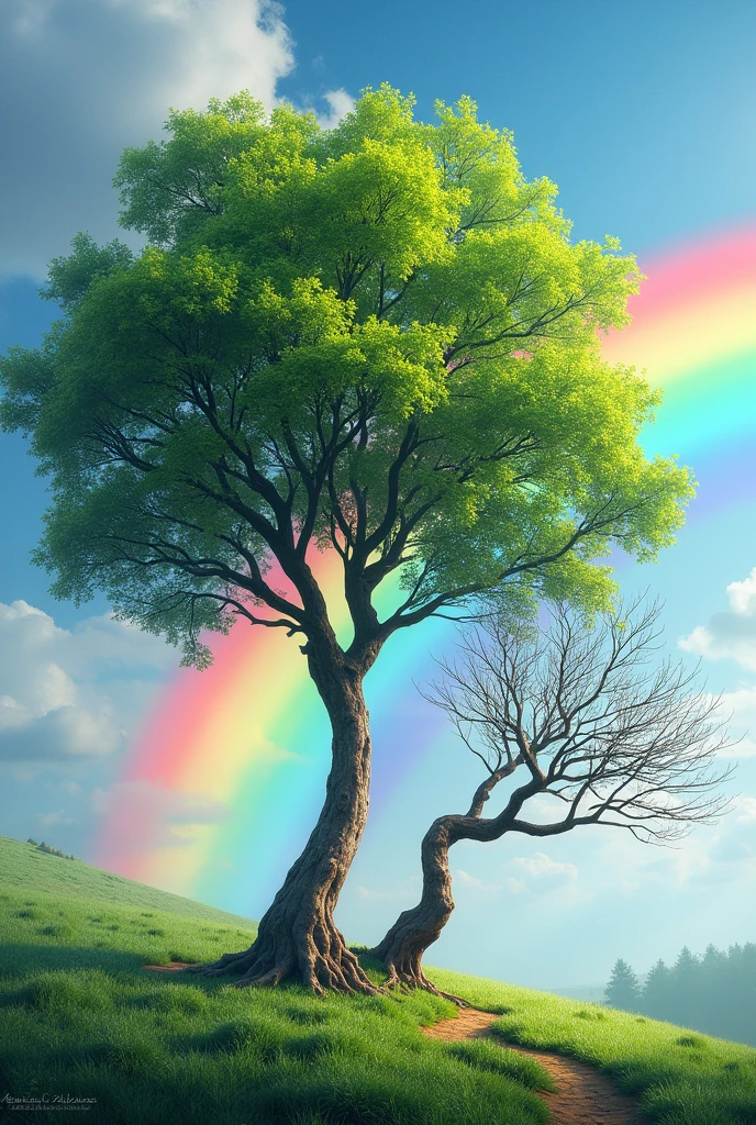 one full tree in spring, rainbow x dry tree in winter