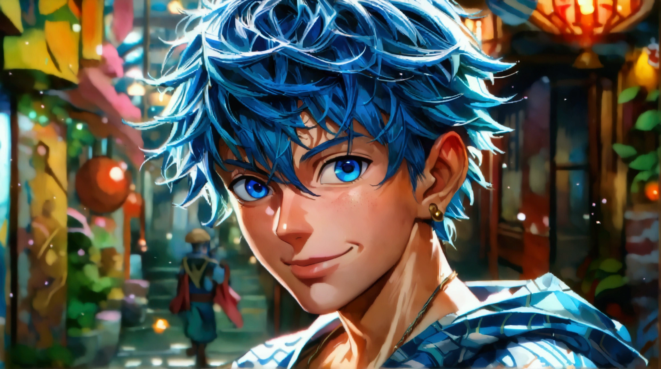 Muscular man, short messy blue hair, blue eyes, cheerful smile, fisherman outfit, ((Intricate anime character design inspired by One piece)), ((Stunning lighting)), ((Fine lines)), ((Stunning focus)), ((Centered character)), ((Stunning face)), ((Detailed focus)), ((Detailed background)), ((Ultra-fine 2D design)), ((Creative backdrop)), ((2D masterpiece)), ((Best quality)), ((8K anime style)), ((Full body))