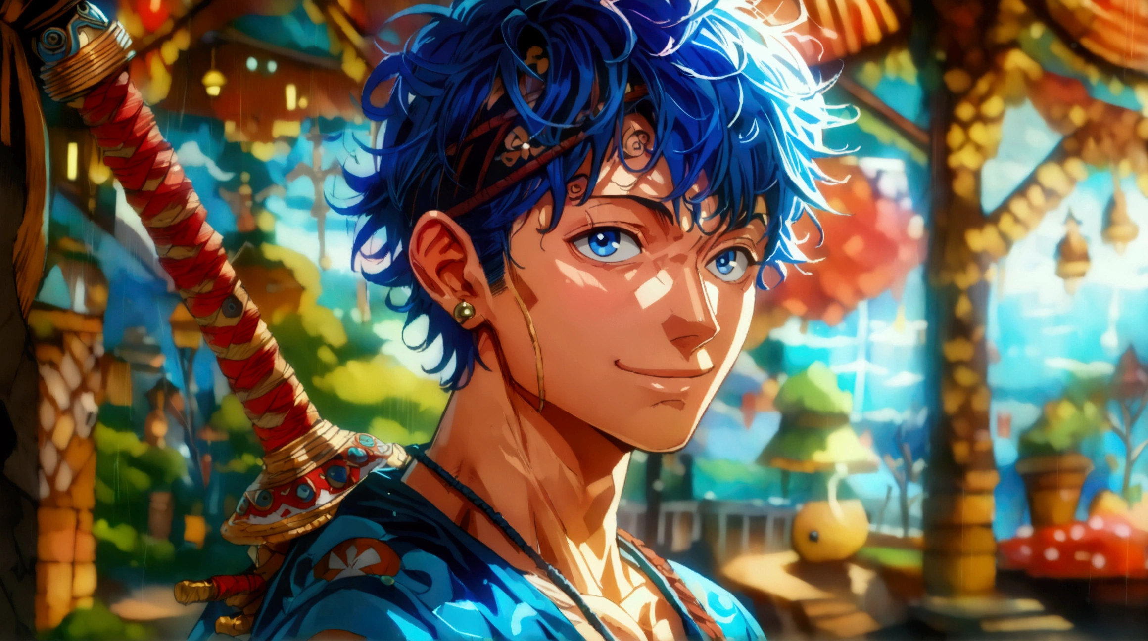 Muscular man, short messy blue hair, blue eyes, cheerful smile, fisherman outfit, ((Intricate anime character design inspired by One piece)), ((Stunning lighting)), ((Fine lines)), ((Stunning focus)), ((Centered character)), ((Stunning face)), ((Detailed focus)), ((Detailed background)), ((Ultra-fine 2D design)), ((Creative backdrop)), ((2D masterpiece)), ((Best quality)), ((8K anime style)), ((Full body))