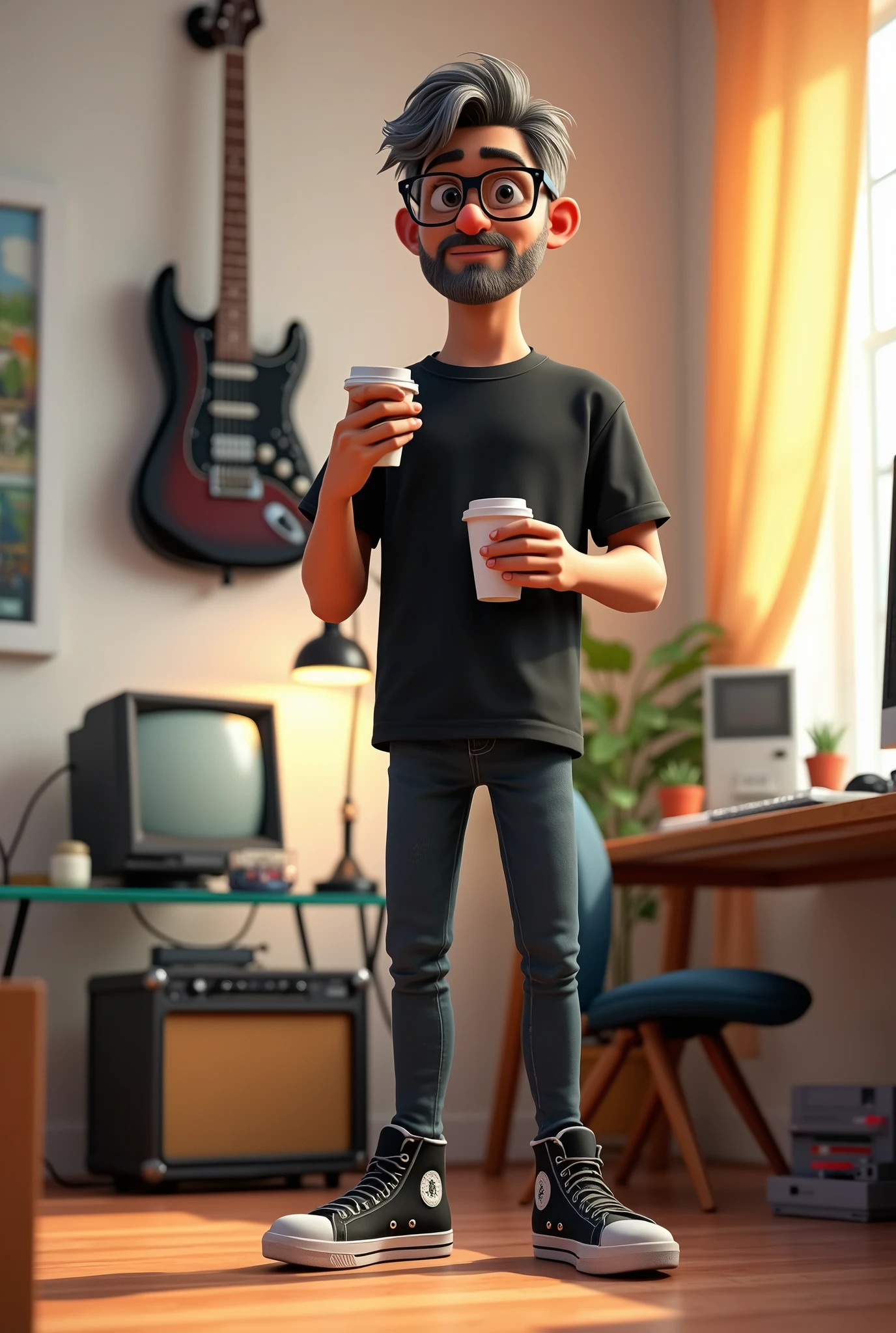 a Pixar-style image of a 35-year-old man with youthful features, hair grey, black colored glasses, thin beard and stubble. he has dark skin, wears a black shirt, skinny jeans and black high top sneakers, He is a graphic designer, holding a cup of starbucks coffee, It's inside a room, in the background a white wall with a Cort brand guitar model X11 in dark lead color hanging, below the guitar is a guitar amplifier. This room also contains an old tube TV., a Super Nintendo on a glass table, and a drawing table with a lamp and another table with a computer monitor and a desktop PC.