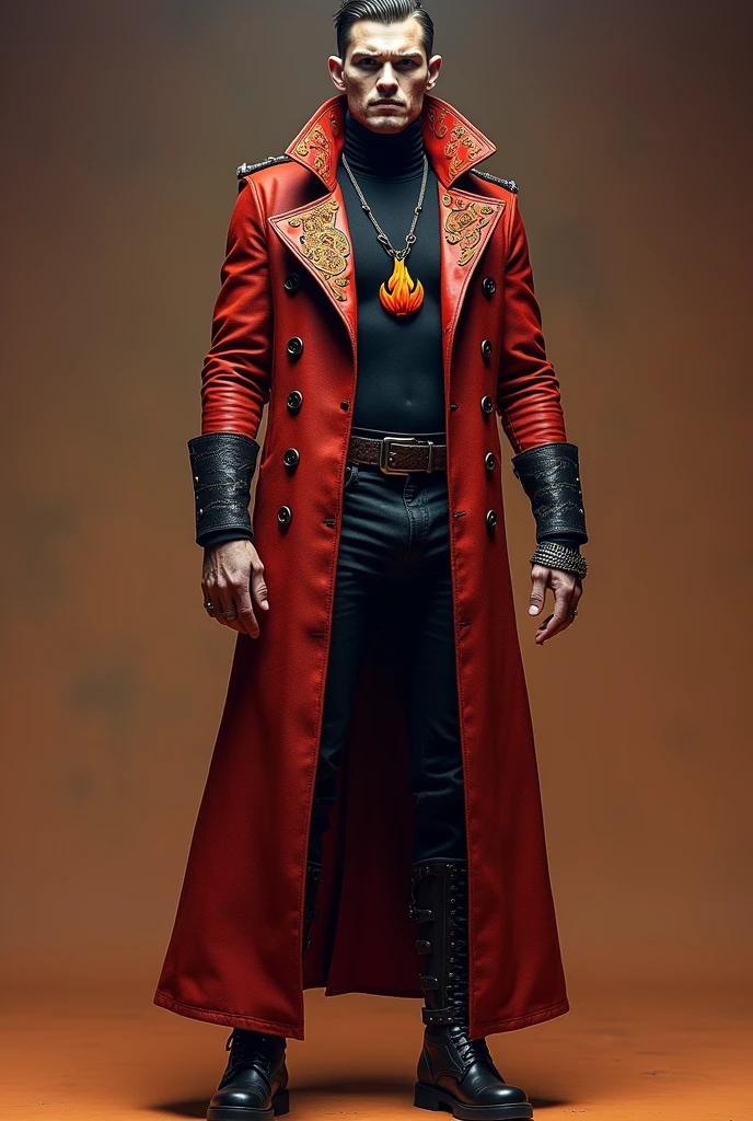 MEN'S CLOTHING
* chemise: A turtleneck shirt, just in the torso, in a deep, intense shade of red, like the hottest flames. O tecido pode ser leather ou camurça para dar um toque mais rústico e imponente.
* pants: pants justas, made of a fire resistant material, like leather or technological fabric. The color can be black or dark brown, contrasting with the liveliness of the shirt.
* trench coat: A long coat, with leather and metal details, que chegue up to the knees. The color can vary between shades of red and orange, com detalhes em preto. The coat should have a cut that enhances the male figure and conveys a sense of power..
* booties: booties altas, up to the knees, leather resistente e com sola grossa. The color can be dark brown or black, with silver details.
Accessories:
* necklase: A necklace with a flame-shaped pendant, made in silver.
* wristbands: Various silver bracelets, with different thicknesses and textures, on both arms.
* waist belt: A wide belt, leather, with a large buckle crafted in silver.
detaileds:
* embroideries: embroideries em vermelho e dourado, representing flames and symbols of the fire people, can adorn the coat and shirt.
* detaileds em metal: detaileds em metal, like rivets and studs, can be added to the coat and boots to give a more rustic and imposing touch.
Additional Tips: