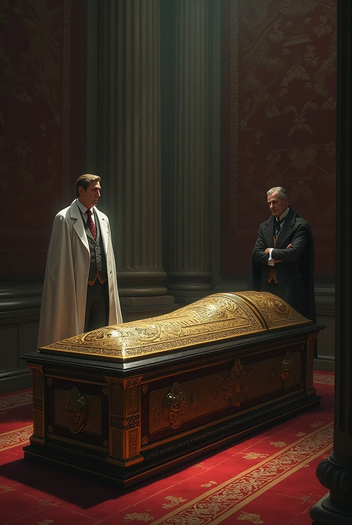 a kings coffin in front of doctor
