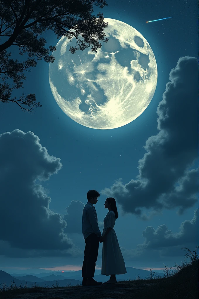 masterpiece, Highest image quality, Photo-realistic, RAW photos, Full body image, (night, A huge moon in the sky :1.4, In ancient Japan , Young man and beautiful woman, Man talking to woman under a tree, Men and women face to face, Man pushing down tree,On the woman's shoulders。, Private Message, open eyes), Many giant meteors hit the ground, Flying hair,