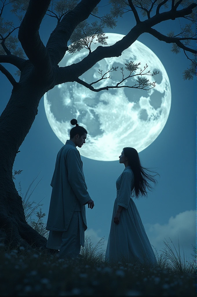 masterpiece, Highest image quality, Photo-realistic, RAW photos, Full body image, (night, A huge moon in the sky :1.4, In ancient Japan , Young man and beautiful woman, Man talking to woman under a tree, Men and women face to face, Man pushing down tree，On the woman&#39;s shoulders。, Private Message, open eyes), Many giant meteors hit the ground, Flying hair, 