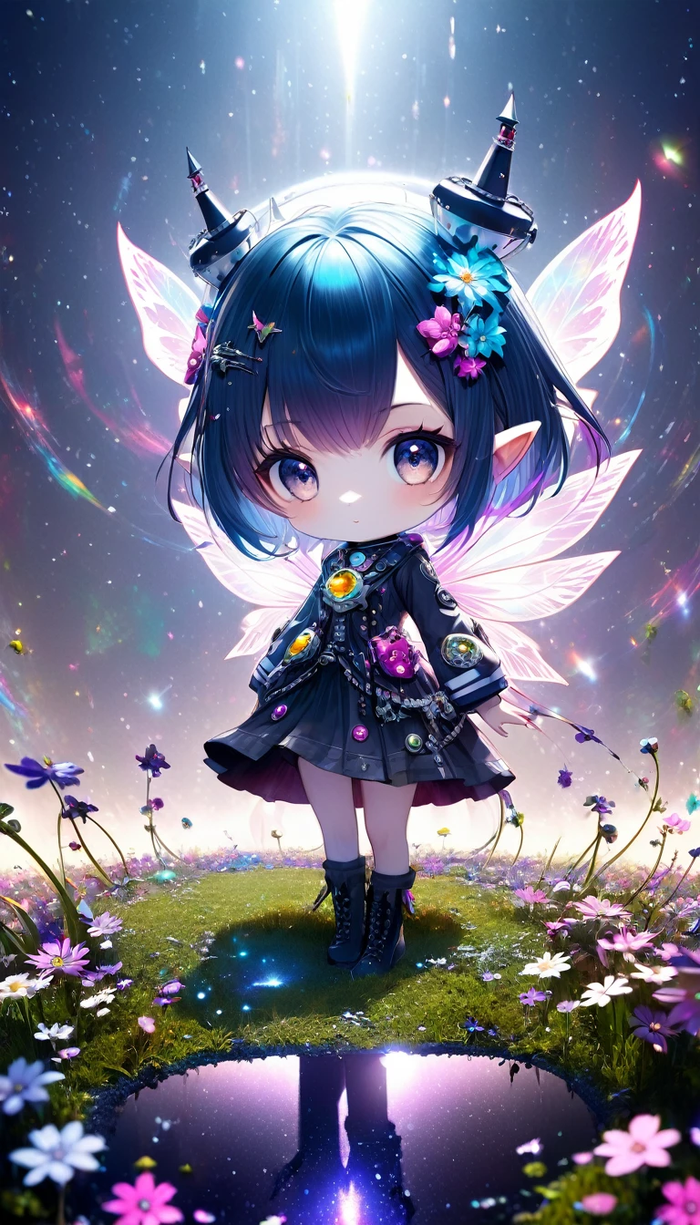 fantasy world that combines flower-punk and gem-punk, female spirit fairy captain, background distorted space from another dimension, cute little devils, conceptual installation art, (ultra detailed, absolutely resolution, best quality:1.3), 2.5D, delicate and dynamic effects, foggy filter effects, iridescent glitter effects, artistic, hyper, graphic CG digital art