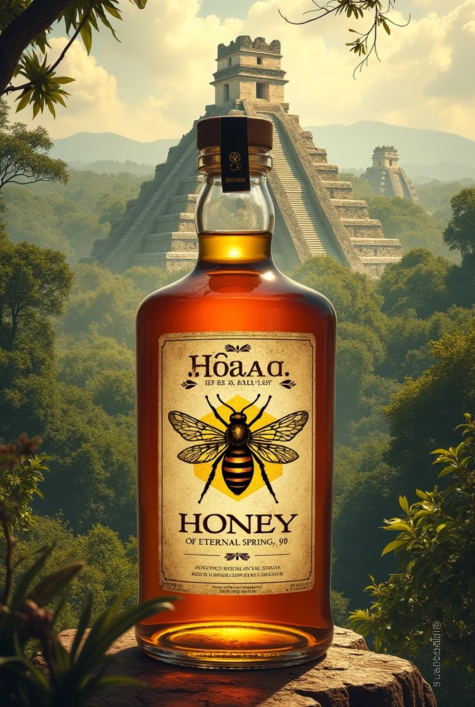 label with floating bee design or honeycomb panel, Mayan city tikal,  guatemala, with the brand name  "Honey of eternal spring" Origin "guatemala"
