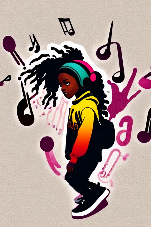 A background filled with scattered musical notes in various sizes and colors、

Creative logo illustration of a silhouette with dreadlocks and red headphones, 

A background completely filled with scattered musical notes in various sizes and colors, covering the entire screen.

beautiful girl colorful image

Dance hiphop Dance CREW  Waacking Dance

Punking 

black medium hair black medium hair 

Five fingers Baggy clothes Baggy clothes