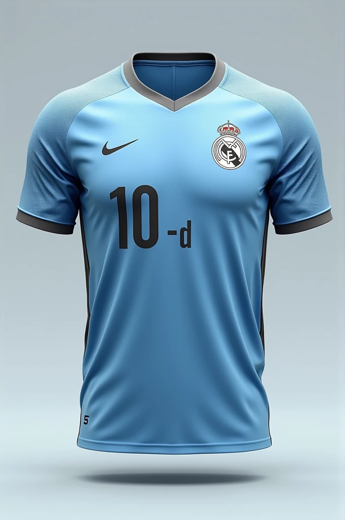 Create a light blue and grey soccer shirt that says 10-D on the sponsorship