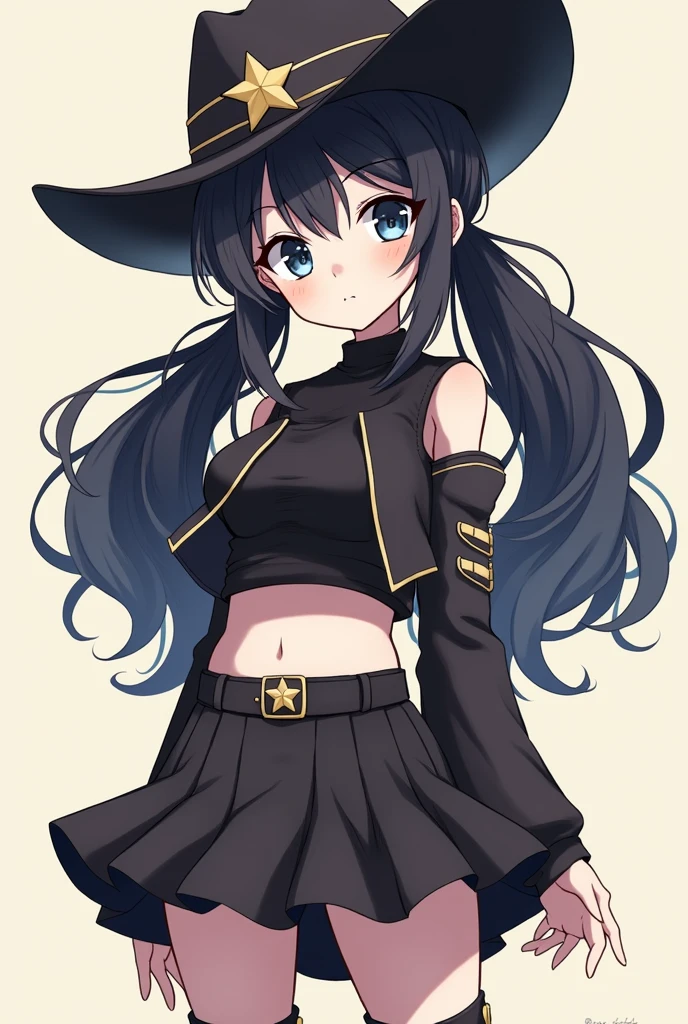 A girl with white anime-type skin wearing a black cowboy-type hat with a small star in the middle, The girl has two pigtails, she has black hair and bangs on the sides, She has a black top showing her belly button, Then she has a short black skirt, and has long shoes.