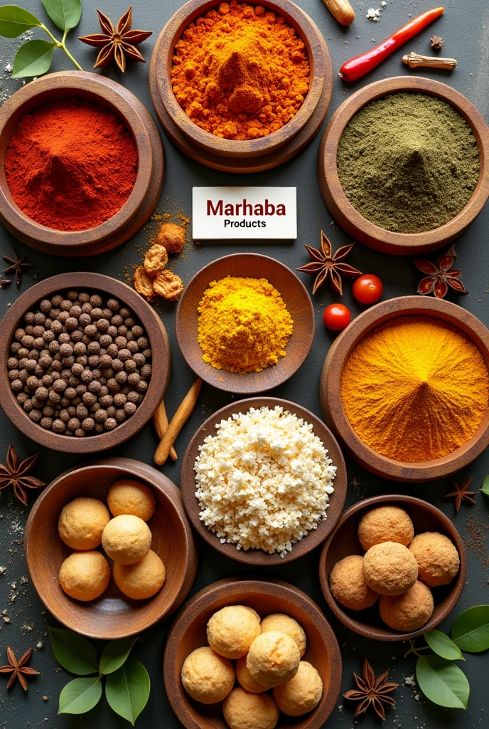 Chilli powder , Turmeric powder,  star anise , pepper , fennel and indian traditional sweets laddu , milk sweets , cookies in the middle a name tag says marhaba products 