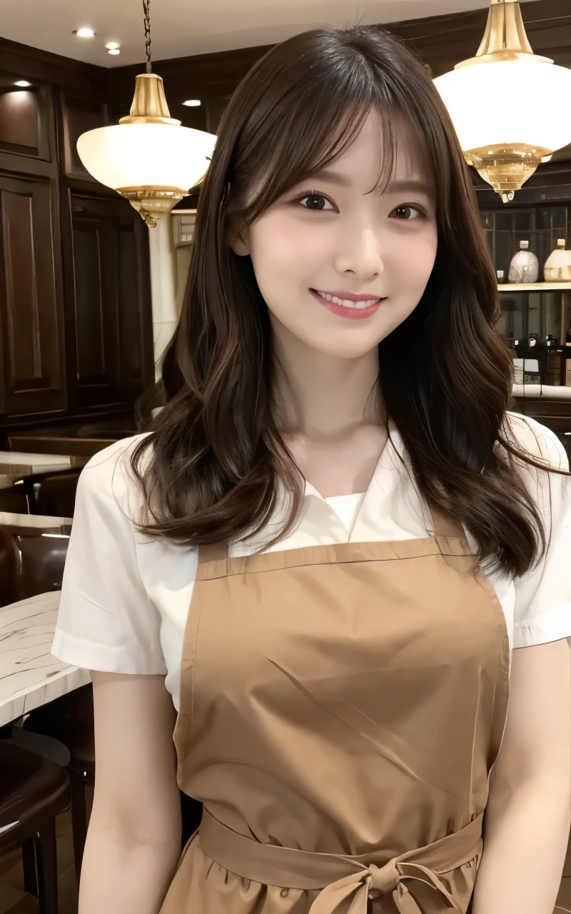 (highest quality、Tabletop、8k、Best image quality、Award-winning works)、Woman working in a café、(The perfect brown apron:1.1)、(The perfect brown apron:1.1)、(Wide々She stands elegantly in a drab cafe.:1.3)、(A classy shirt and apron:1.1)、(Big Breasts:1.1)、(Accentuate your body lines:1.1)、Beautiful woman portrait、The most elegant and cozy cafe、The most natural cafe, Perfectly organized、The most atmospheric and warm lighting、Stylish and elegant cafe、Strongly blurred background、Look at me and smile、(Accurate anatomy:1.2)、Ultra high resolution perfect beautiful teeth、Ultra-high definition beauty face、Ultra HD Hair、Ultra HD The Shining Eyes、The Shining, Super high quality beautiful skin、Super high quality glossy lip