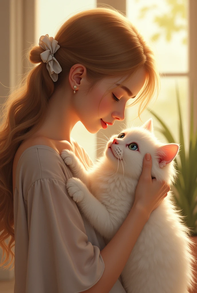 Beautiful white 17 year old real girl playing with her cute real white cat 