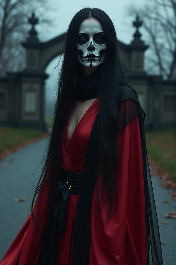 A beautiful 35 year old woman, oriental-like, very long and black hair, wearing red silk dress, wearing black satin scarf, face half skeleton and half oriental woman-like, background of crossroads and cemetery gate at night