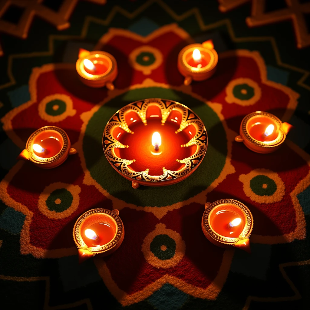Top-down view of intricately designed Diya lamps placed on a colorful rangoli pattern, illuminating the surrounding area with a warm glow