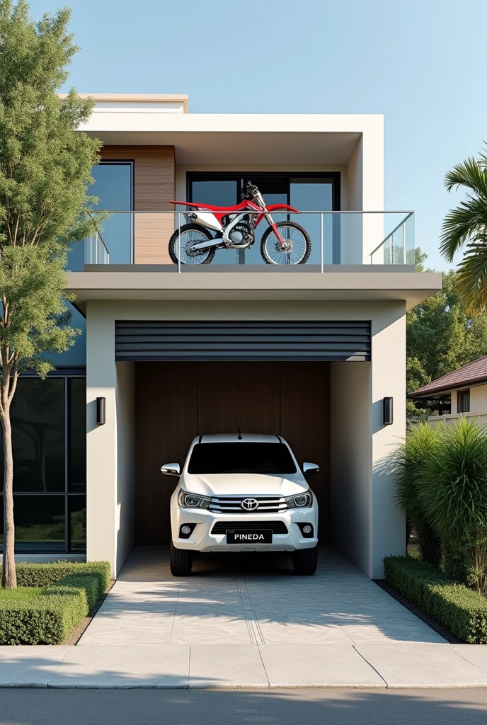 Create a modern house where you can see a white Toyota Hilux in the garage and the license plate holder says "PINEDA", and a red Honda CRF 250F cross motorcycle that says on the mask "PINEDA" 