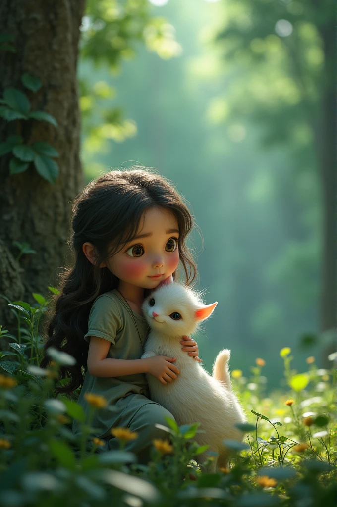 A young girl hugging her forest spirit friends at the edge of the forest, with a look of both sadness and resolve."Hyper-realistic, 8k,ultra HD, pixar style, Disney style, cinima 4d, ar 3:2