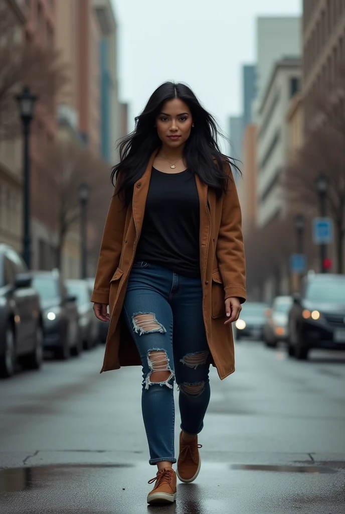 (photorealism:1.2), real pic
34 year old curvy asian woman with long black hair, wearing a black t-shirt, brown suede jacket, torn dark blue denim pants, brown sneakers, walking
urban washington dc background, dark cloudy clouds, romantic atmosphere