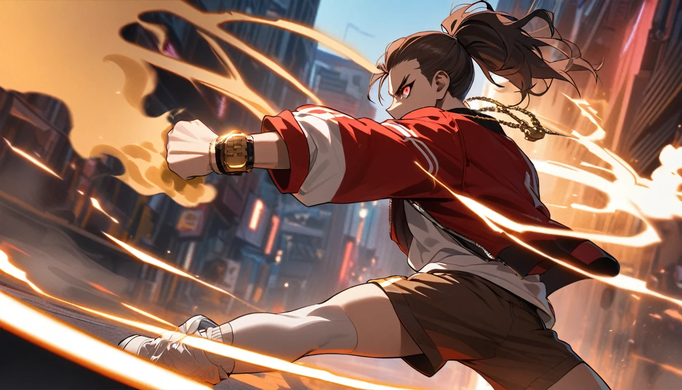 Solitary, Handsome, 1 male, Dark brown long hair ponytail, Side shaved hair，Red Eye, hip hop wear，White top，Red loose baseball jacket, Light brown loose knee shorts，white stockings，white sneakers，Wearing a gold watch on the left hand，Wear a gold necklace, Sharp eyes，cyberpunk street，smoke surround，punching action，dynamic