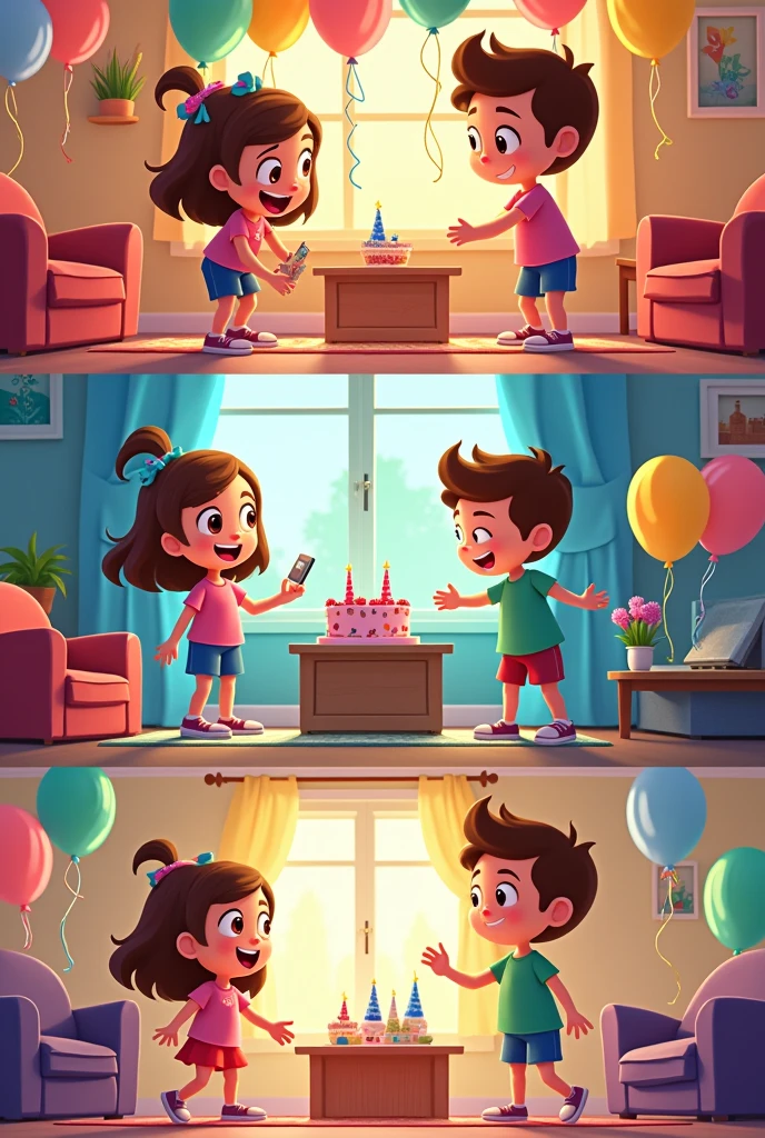 The Big Birthday Party First Cartoon: Luna decorates the living room with balloons and streamers.
Second cartoon: Alex chooses the music for the party.
Third Cartoon: The party starts and Jax hosts a contest.