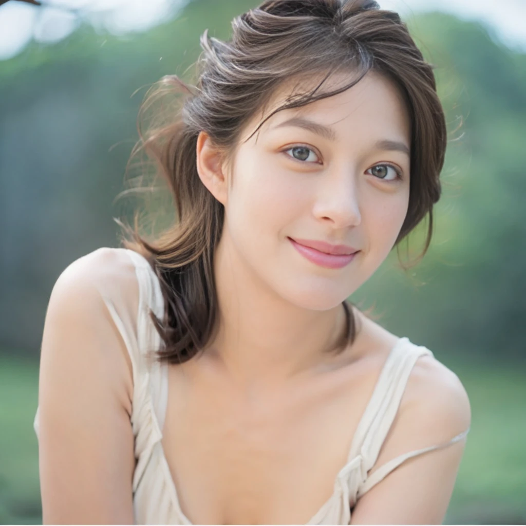 a Close-up portrait of gorgeous smiling cute Japanese woman in a nudity outfit, delicate facial features, porcelain-skinned, ponytail, a fusion of young Marion Cotillard's striking eyes and young Anne Hathaway's introspective gaze, long and slender cute face, Asian winged eyes, wavy nose, full wide lips, flowing very long straight black hair in the air, silhouette, bokeh,