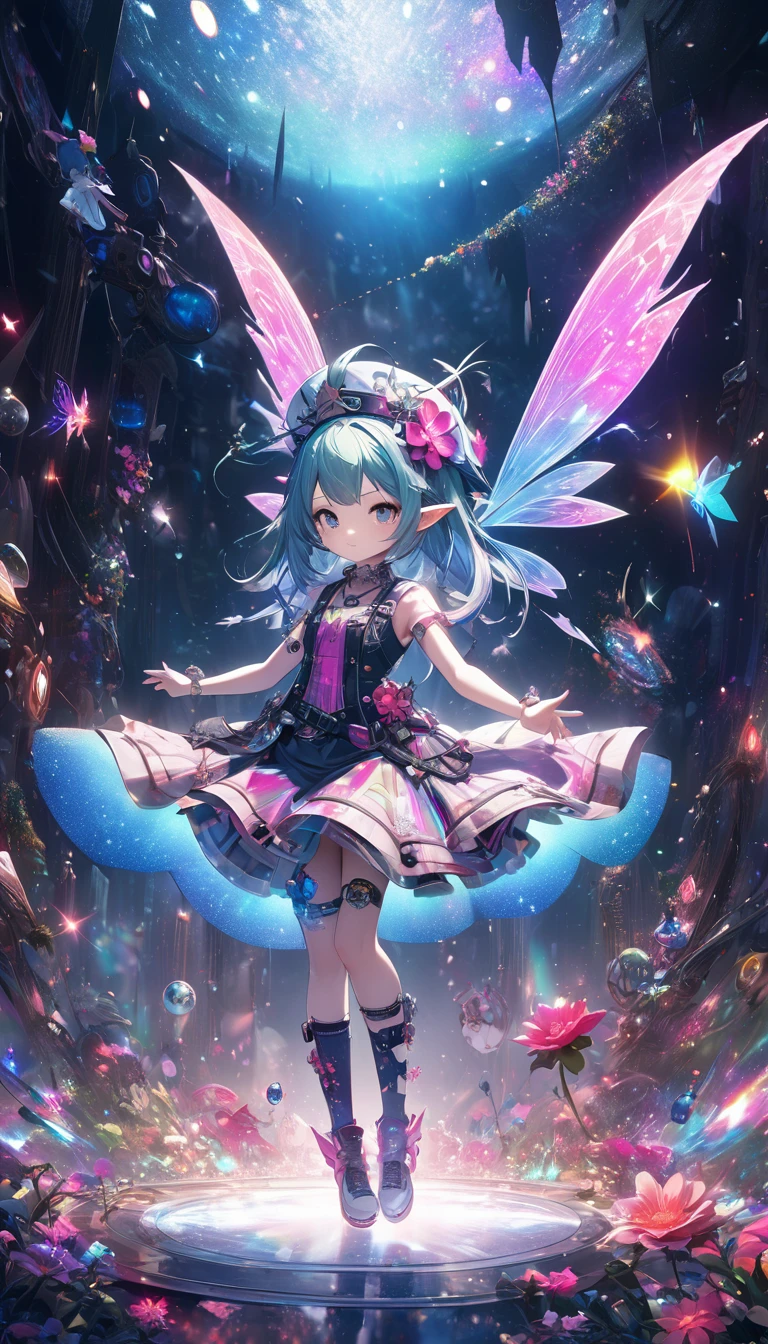 fantasy world that combines flower-punk and gem-punk, female spirit fairy captain, background distorted space from another dimension, cute little devils, conceptual installation art, (ultra detailed, absolutely resolution, best quality:1.3), 2.5D, delicate and dynamic effects, foggy filter effects, iridescent glitter effects, artistic, hyper, graphic CG digital art