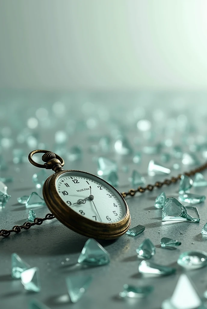 An image with a light grey background, It looks like it's broken glass with a pocket watch with broken glass at the bottom left of the image and the pieces of glass are scattered all over the image