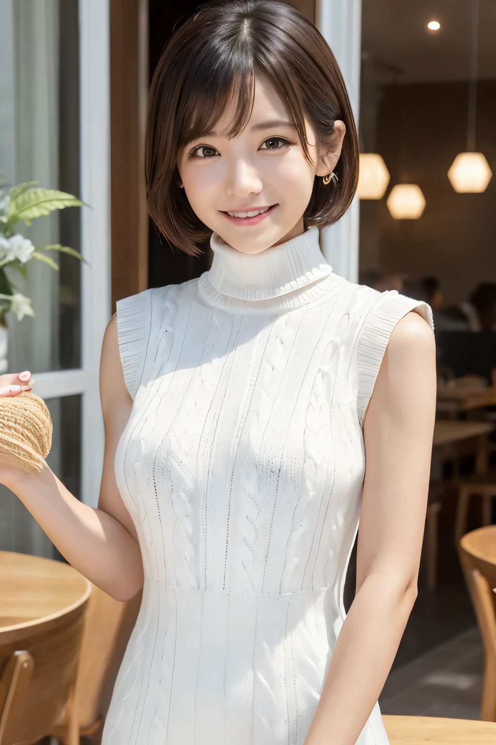 A cute waitress woman smiles as she carries spaghetti to a table in a stylish, bright, white-themed restaurant. A woman with a smiling expression from the front、Talking happily with a smile (Highest quality、Tabletop、8k、Best image quality、Award-winning works)、(:1.5)、(Perfect Sleeveless Turtleneck Knit Sweater Dress:1.5)、(short hair:1.1)、(very young'Face:1.5)、The biggest smile looks at me、(Huge breasts:2)、Exactly、(Accentuate your body lines:1.2)、Low length、(Glamorous Body:1.2)、(Chubby body type:1.2)、(Beautiful park background with strong blur:1.1)、The most natural and perfect beauty park、A perfectly maintained park、Standing Elegantly、A refreshing view、Natural Makeup、Ultra-high definition beauty face、(Ultra High Resolution Perfect Teeth:1.1)、Ultra HD Hair、Ultra-high definition sparkling eyes、(Ultra-high resolution glossy skin:1.1)、Ultra-high quality glossy lips、(Accurate anatomy:1.1)、(very bright and vivid:1.3)、(Bright and beautiful skin:1.3)