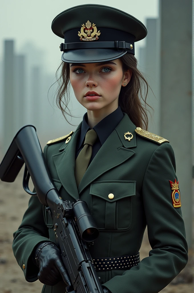 A woman wearing a military uniform, holding a rifle, a young woman with blue eyes. Have coolness and calmness