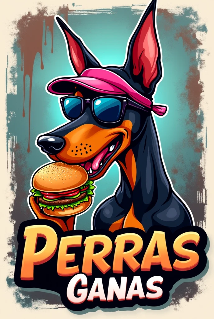 Create logo for restaurant called perras ganas with cartoon drawing of female doberman dog with a pink visor and sunglasses eating hamburger with street graffiti atmosphere