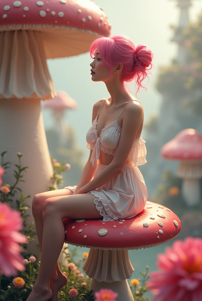 1girl,beautiful 18 year old girl,pink hair in a bun,bare shoulders,sitting on a giant mushroom,elegant,chic,modern,fashionable,muted colors,soft lighting,art nouveau,psychedelic anime style,colorful,trippy,(best quality,4k,8k,highres,masterpiece:1.2),ultra-detailed,(realistic,photorealistic,photo-realistic:1.37),HDR,UHD,studio lighting,ultra-fine painting,sharp focus,physically-based rendering,extreme detail description,professional,vivid colors,bokeh