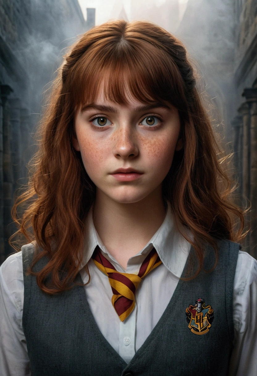 An illustrated movie poster, hand-drawn, full color, a teenage Hogwarts student, 18-years-old, female, wearing a charcoal vest and a pleated skirt, athletic hourglass figure, full wide hips, massive round butt, long shapely legs, ridiculously thick powerful thighs, vibrant eyes, deep dark auburn hair, thick shaggy bangs, flushed sun-kissed complexion, freckles, standing in a foggy Hogwarts courtyard, surrounded by mist, graphite shading, stencil marks, airbrushed acrylic paint, masterpiece, close-up shot, in the style of the Deathly Hallows 
