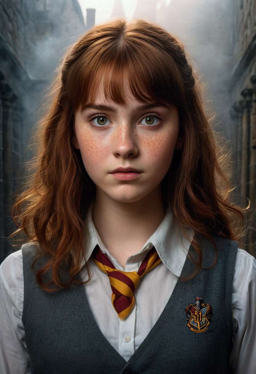 An illustrated movie poster, hand-drawn, full color, a teenage Hogwarts student, 18-years-old, female, wearing a charcoal vest and a pleated skirt, athletic hourglass figure, full wide hips, massive round butt, long shapely legs, ridiculously thick powerful thighs, vibrant eyes, deep dark auburn hair, thick shaggy bangs, flushed sun-kissed complexion, freckles, standing in a foggy Hogwarts courtyard, surrounded by mist, graphite shading, stencil marks, airbrushed acrylic paint, masterpiece, close-up shot, in the style of the Deathly Hallows