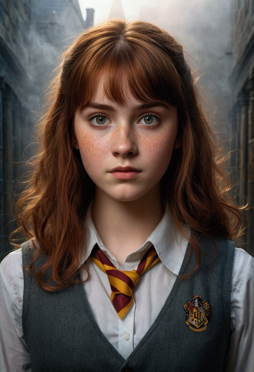 An illustrated movie poster, hand-drawn, full color, a teenage Hogwarts student, 18-years-old, female, wearing a charcoal vest and a pleated skirt, athletic hourglass figure, full wide hips, massive round butt, long shapely legs, ridiculously thick powerful thighs, vibrant eyes, deep dark auburn hair, thick shaggy bangs, flushed sun-kissed complexion, freckles, standing in a foggy Hogwarts courtyard, surrounded by mist, graphite shading, stencil marks, airbrushed acrylic paint, masterpiece, close-up shot, in the style of the Deathly Hallows 