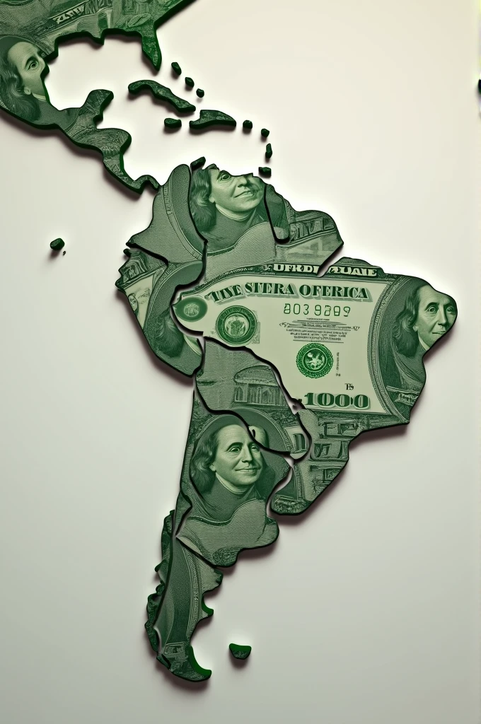 Close-up of a map of South America made with dollars 