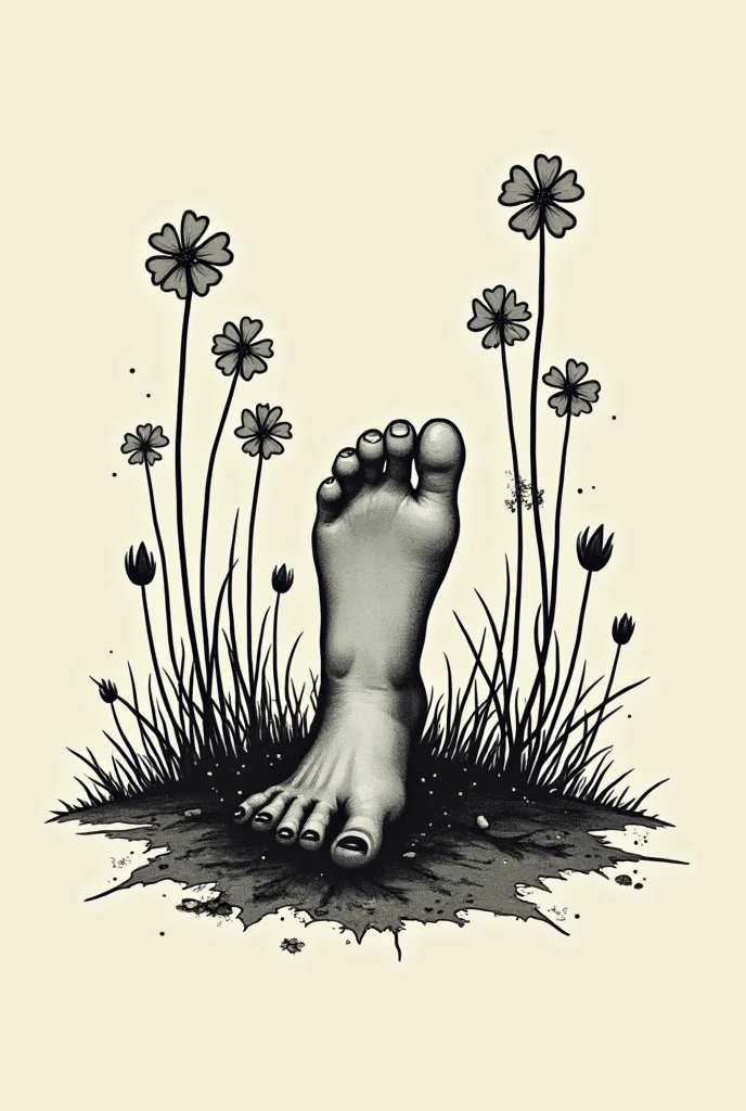 The logo of a band called THE KUCLUCK must contain elements of feet and clover flowers or lucky flowers in black and white gray. There should only be one foot and its position is in the middle as if it is standing on the ground. Make it like a blues and melancholic rock n roll band. The feet should not be longer than the knees.