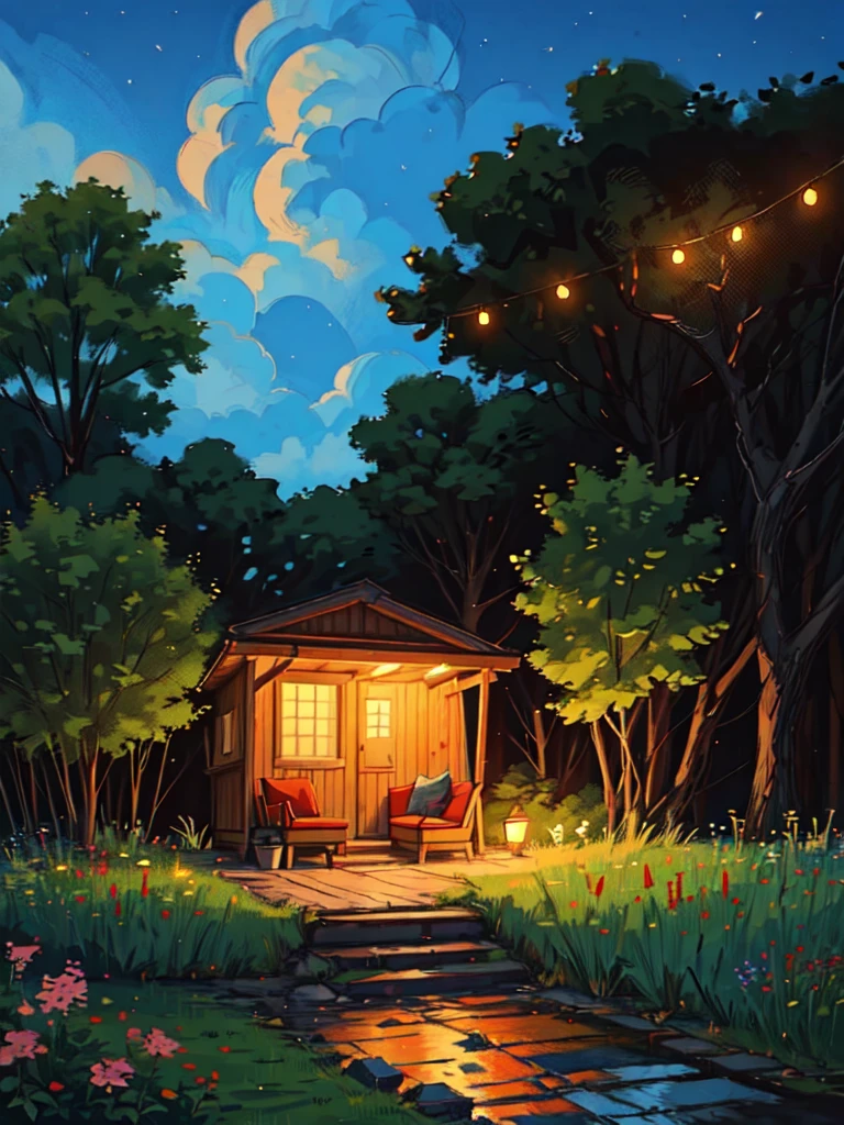 wide view, beautiful outdoor sitting, cozy red sofa, trees, string lights, reflection, flowery bushes, shed, stairs, backyard, night time, grass, illustration, beautiful clouds, thick lines, cozy tones, beautiful sky, ghibli style, outdoors, cozy atmosphere, micro landscape, intrinsic details