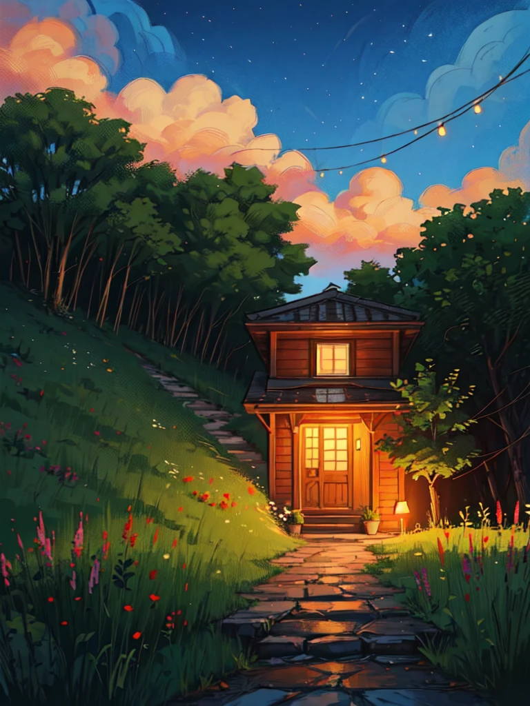 wide view, beautiful outdoor sitting, cozy red sofa, trees, string lights, reflection, flowery bushes, shed, stairs, backyard, night time, grass, illustration, beautiful clouds, thick lines, cozy tones, beautiful sky, ghibli style, outdoors, cozy atmosphere, micro landscape, intrinsic details