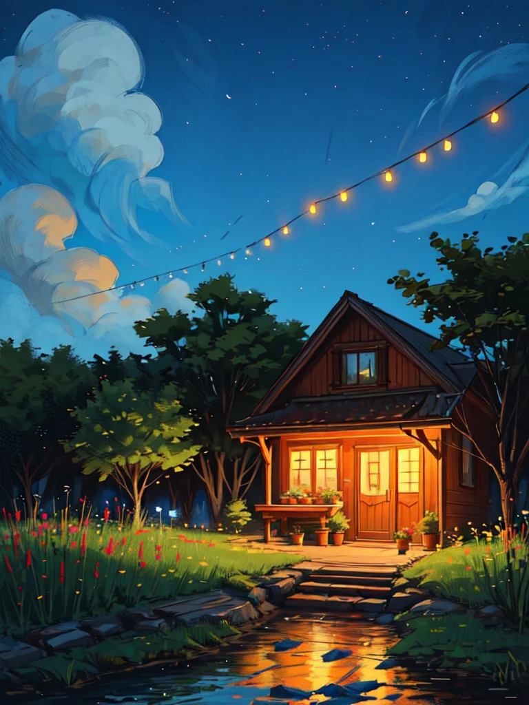 wide view, beautiful outdoor sitting, cozy red sofa, trees, string lights, reflection, flowery bushes, shed, stairs, backyard, night time, grass, illustration, beautiful clouds, thick lines, cozy tones, beautiful sky, ghibli style, outdoors, cozy atmosphere, micro landscape, intrinsic details