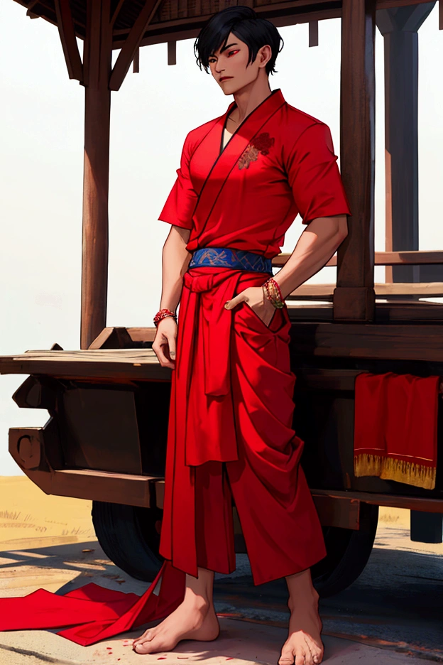 man,short hair,Thai dress, blood red Thai shirt,Blue sarong pants,Use black magic,No shoes while standing