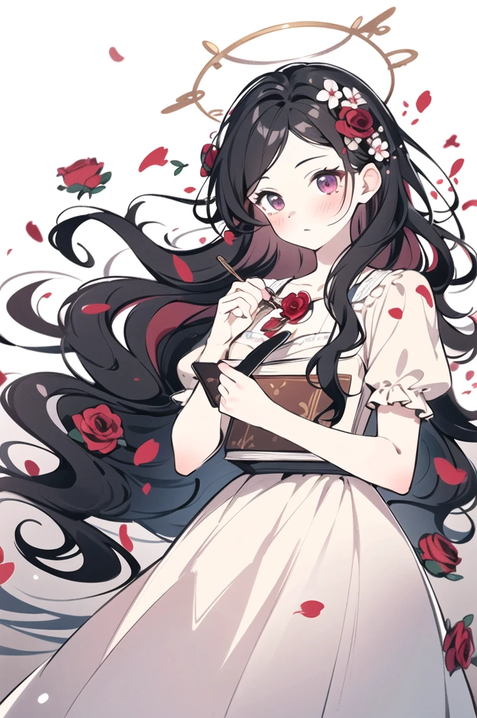 (best quality, masterpiece:1.2),1girl,solo,long hair,flower,dress,blush,quill,black hair,holding,rose,hair ornament,white background,halo,book,red flower,petals,hair flower,very long hair,wavy hair,