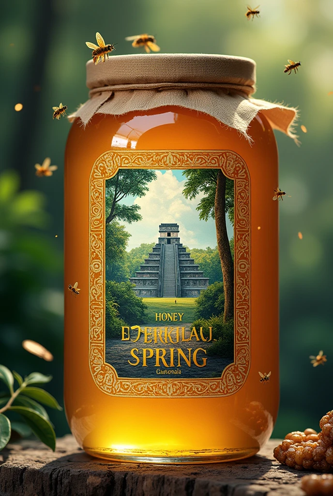 Label for packaging with floating bees or honeycomb panel, Mayan city tikal,  guatemala, with the brand name  "Honey of eternal spring" Origin "guatemala"

