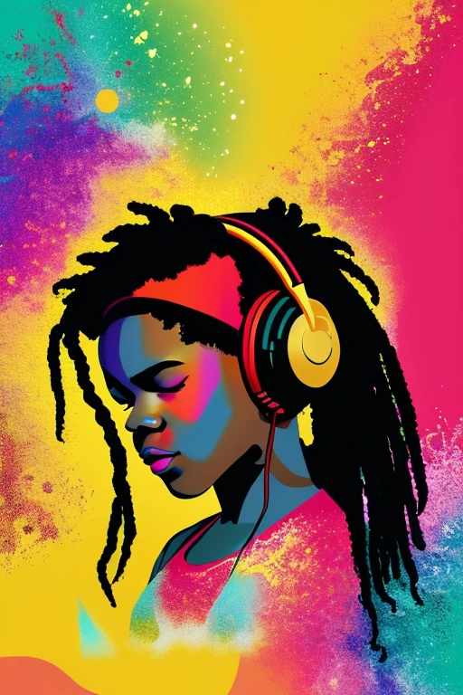A background filled with scattered musical notes in various sizes and colors、
Creative logo illustration of a silhouette with dreadlocks and red headphones,
A background completely filled with scattered musical notes in various sizes and colors, covering the entire screen.
beautiful girl colorful image
Dance hiphop Dance CREW Waacking Dance
Punking
black medium hair black medium hair
Five fingers Baggy clothes Baggy clothes