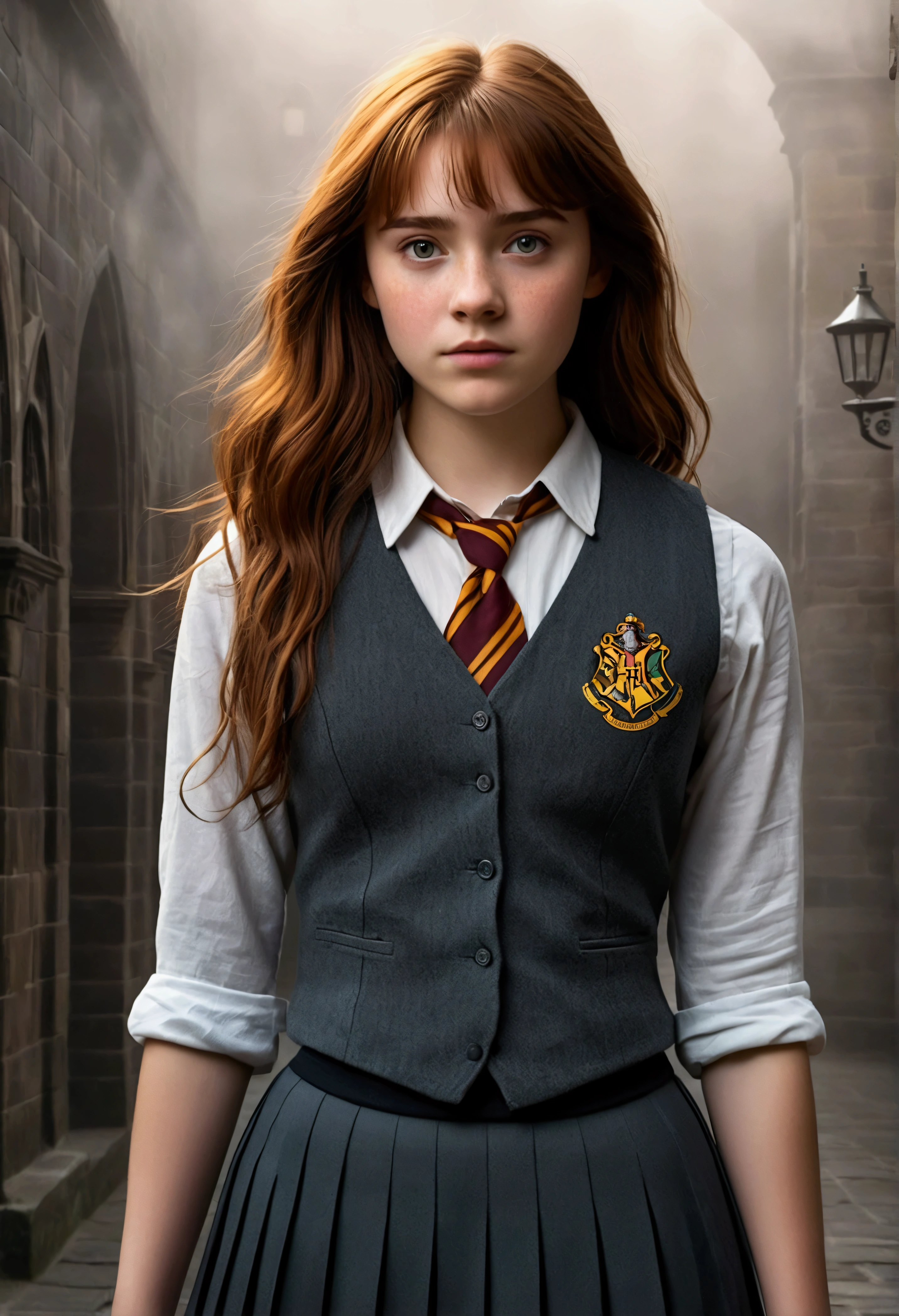 An illustrated movie poster, hand-drawn, full color, a age Hogwarts student, 18-years-old, female, wearing a charcoal vest and a pleated skirt, athletic hourglass figure, full wide hips, massive round butt, long shapely legs, ridiculously thick powerful thighs, vibrant eyes, deep dark auburn hair, thick shaggy bangs, flushed sun-kissed complexion, freckles, standing in a foggy Hogwarts courtyard, surrounded by mist, graphite shading, stencil marks, airbrushed acrylic paint, masterpiece, close-up shot, in the style of the Deathly Hallows