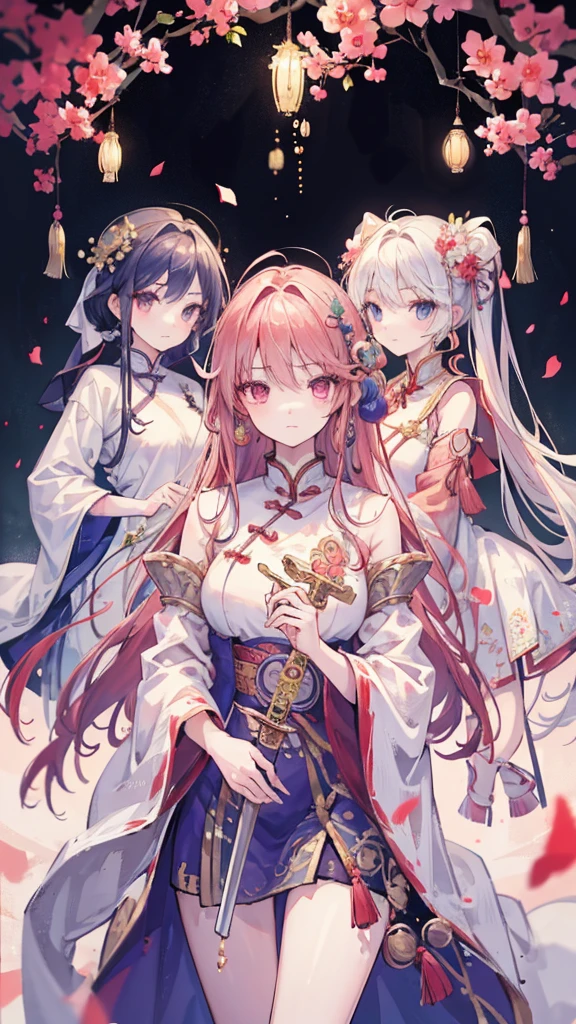 best quality, masterpiece, high resolution,3 girls,Pretty Face,whole body,Chinese clothes,White Taoist robe,Right hand holding sword (Gorgeous decoration),peach,