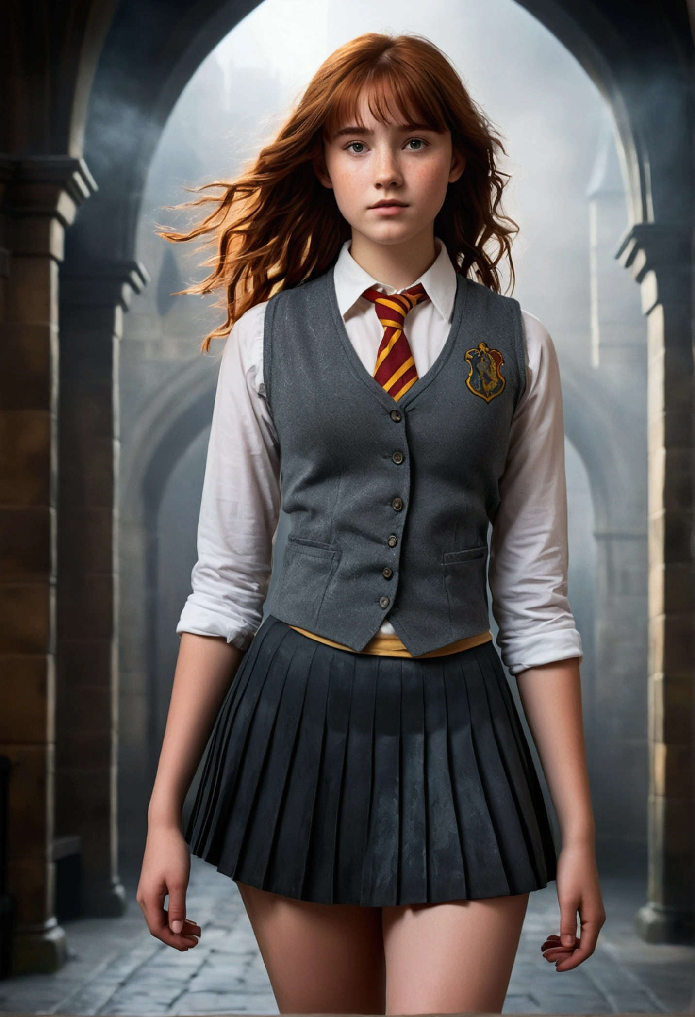 An illustrated movie poster, hand-drawn, full color, a age Hogwarts student, 18-years-old, female, wearing a charcoal vest and a pleated skirt, athletic hourglass figure, full wide hips, massive round butt, long shapely legs, ridiculously thick powerful thighs, vibrant eyes, deep dark auburn hair, thick shaggy bangs, flushed sun-kissed complexion, freckles, standing in a foggy Hogwarts courtyard, surrounded by mist, graphite shading, stencil marks, airbrushed acrylic paint, masterpiece, close-up shot, in the style of the Deathly Hallows