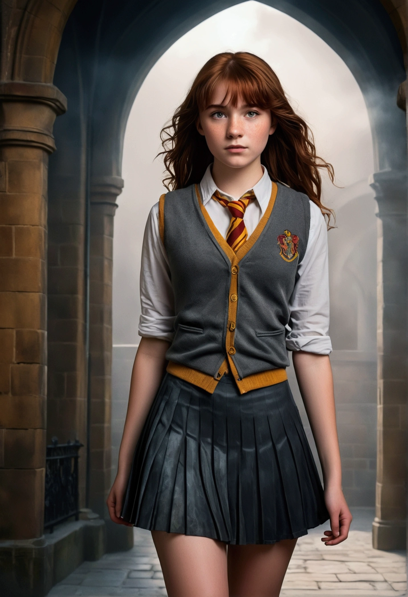 An illustrated movie poster, hand-drawn, full color, a age Hogwarts student, 18-years-old, female, wearing a charcoal vest and a pleated skirt, athletic hourglass figure, full wide hips, massive round butt, long shapely legs, ridiculously thick powerful thighs, vibrant eyes, deep dark auburn hair, thick shaggy bangs, flushed sun-kissed complexion, freckles, standing in a foggy Hogwarts courtyard, surrounded by mist, graphite shading, stencil marks, airbrushed acrylic paint, masterpiece, close-up shot, in the style of the Deathly Hallows
