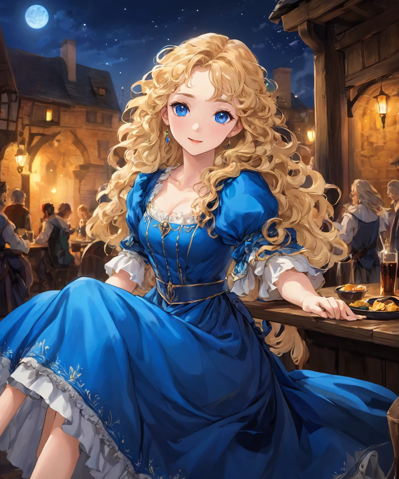 masterpiece, safe, best quality, expressive eyes, perfect face a young anime woman in renaissance, historical, fantasy wearing simple blue dress long curly blonde hair down her waist no bangs saphire eyes. she is sitting in a night time tavern, excited to enjoy