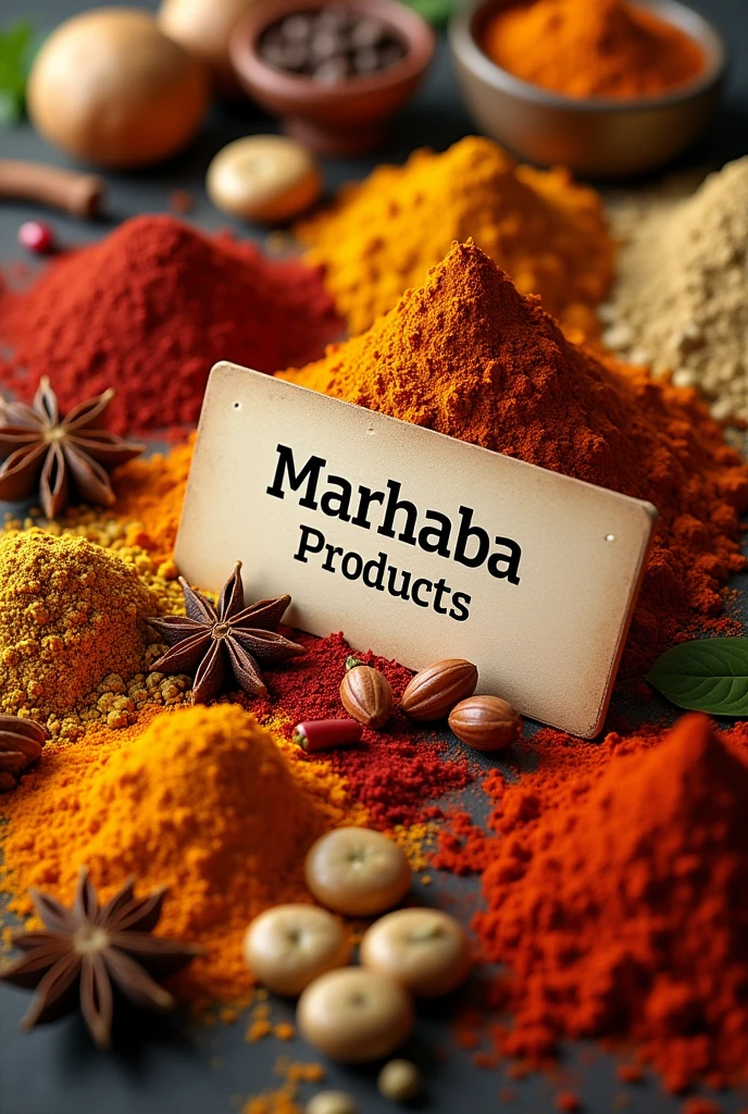 Chilli powder , Turmeric powder,  star anise , pepper , fennel and indian traditional sweets laddu , milk sweets , cookies in the middle a big name tag says marhaba products 