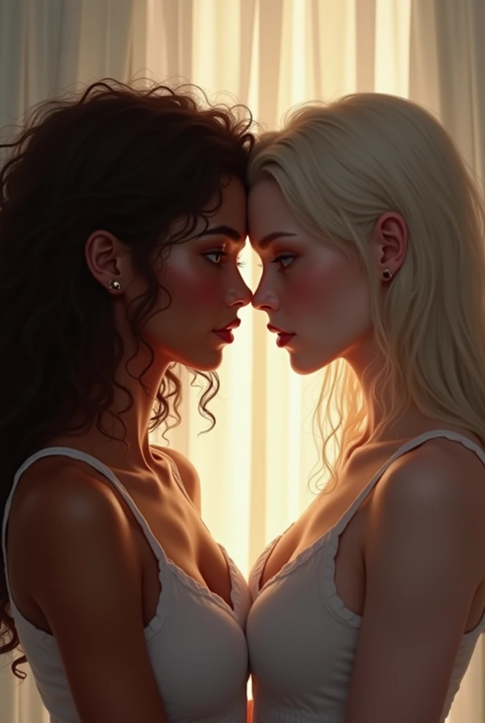 Two girls looking at each other with loving tension,One with well-defined brown curls and dark skin and the other with white skin and shoulder-length straight hair.