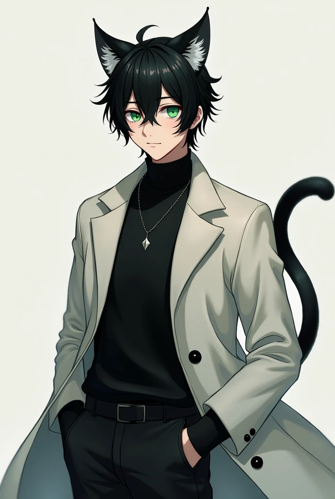 Man with black hair and green eyes,Has cat ears and a black tail,Wearing a black sweater and white coat,very handsome